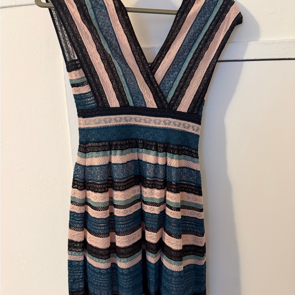 Missoni Striped V-Neck Midi Dress in Teal, Pink and Black